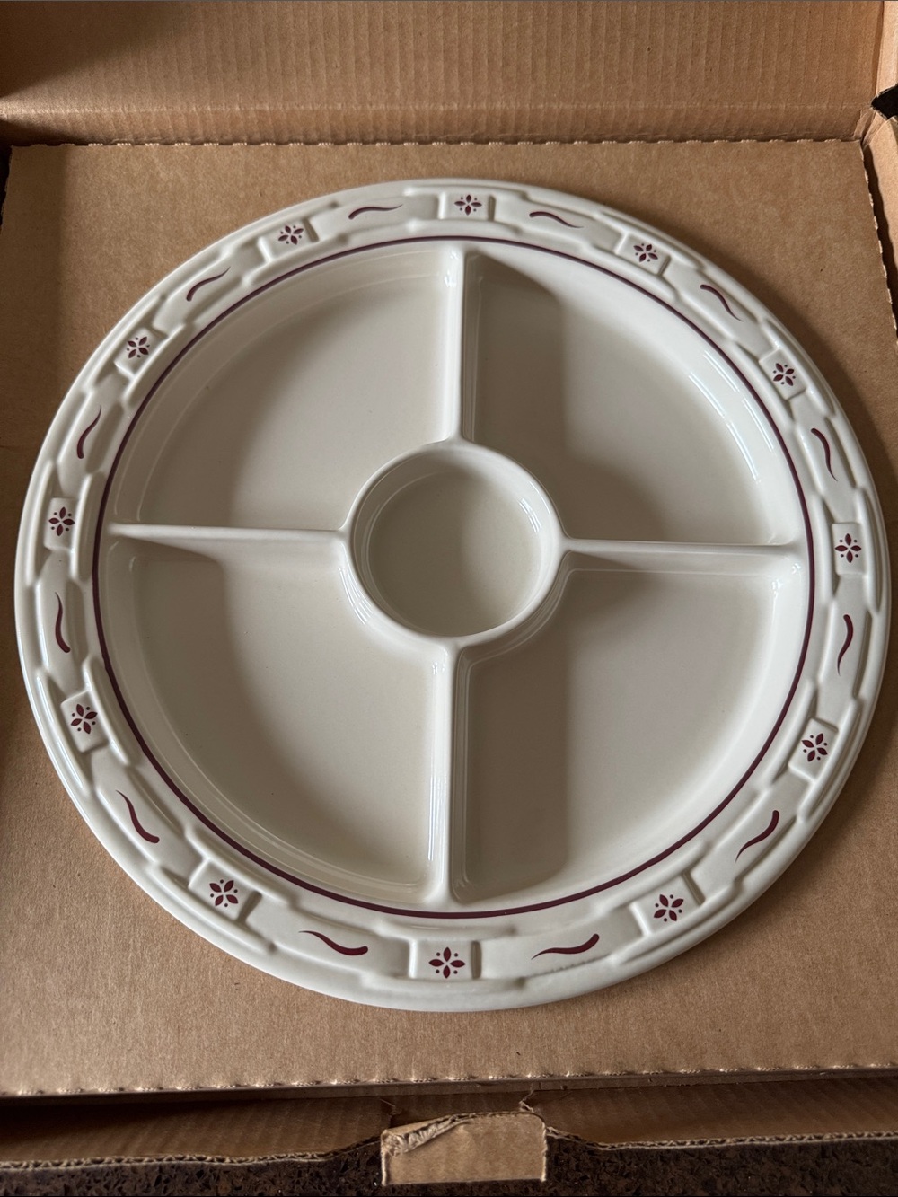 Longaberger Cream Ceramic Divided Serving Platter with Red Trim